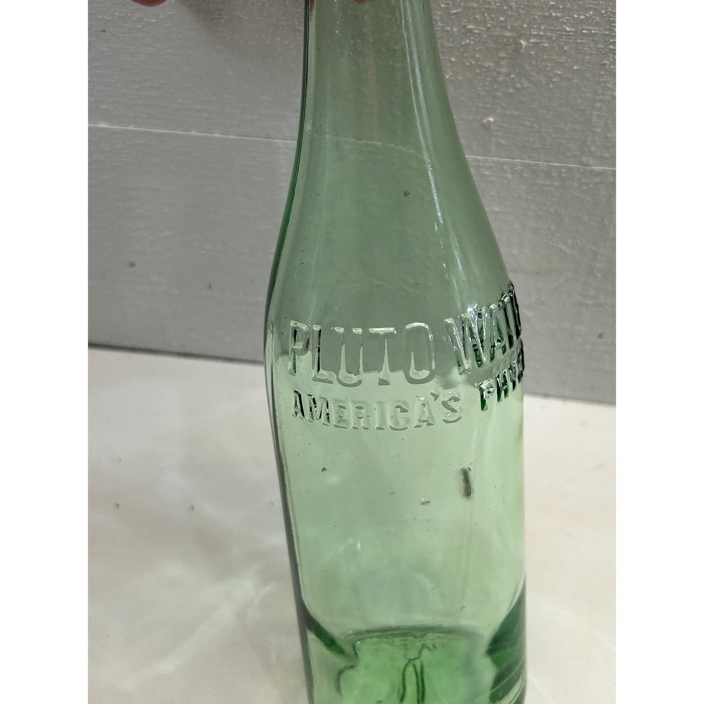 Vintage Pluto Water Bottle with Devil Logo – 1920s–40s Embossed Aqua Glass Soda Mineral Water Bottle – Indiana Collectible rare Apothecary