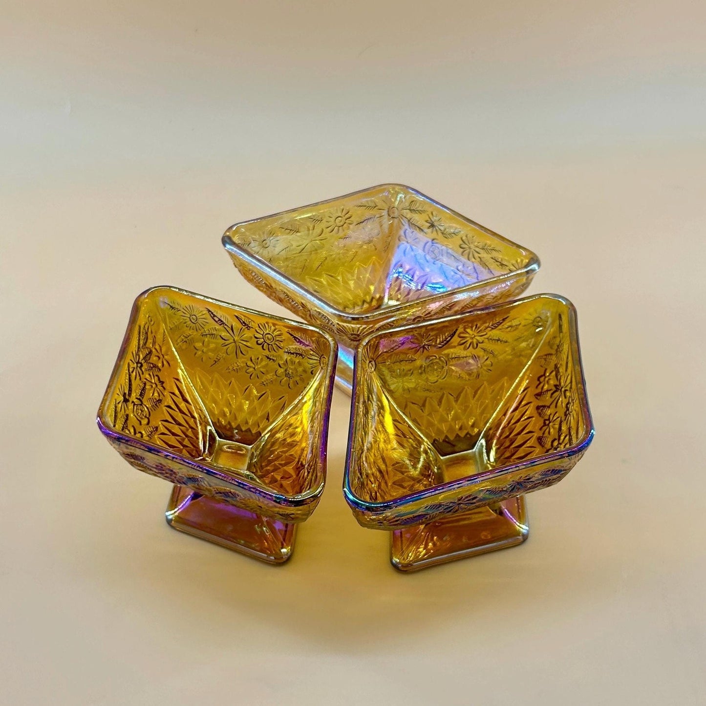 Vintage Marigold Carnival Glass Pedestal Bowls Set of 3 Iridescent Amber Pressed Glass Dessert Bowls Footed Carnival Glass Candy Dish Set