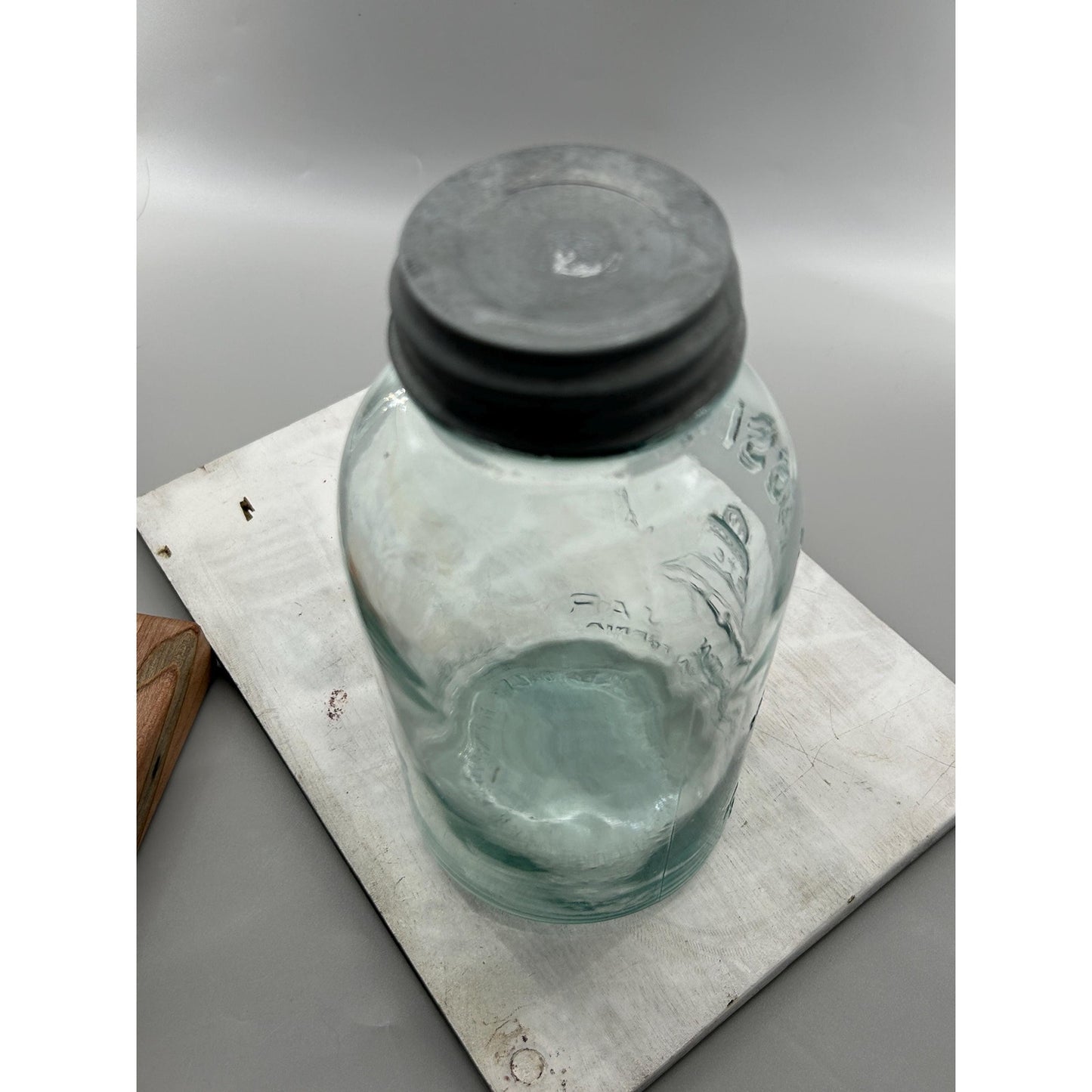Mission Bell Mason Aqua Blue Glass Liberty Bell Trade Mark Scarce Hazel Atlas Half Gallon Zinc Lid