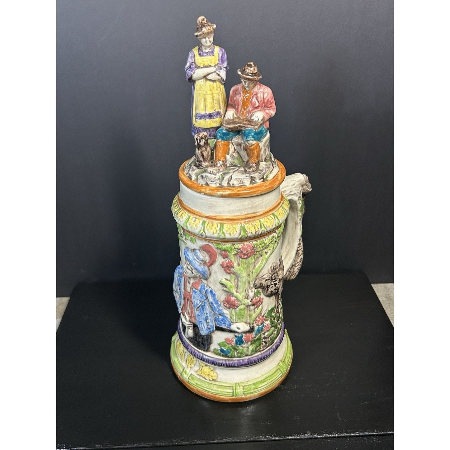 VINTAGE LARGE HANDMADE HAND PAINTED HUNTING GERMAN 1974 BEER STEIN MUG WITH LID