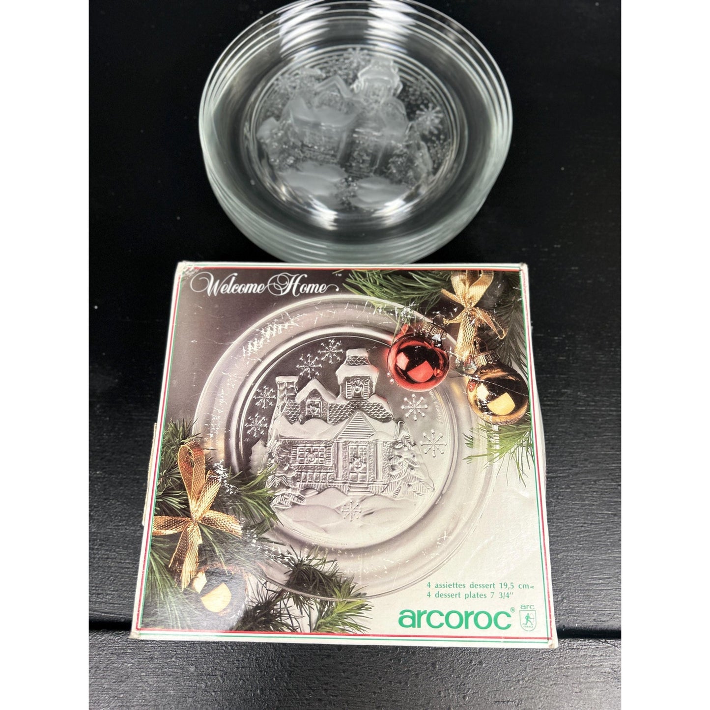 Arcroc “Welcome Home” Christmas Plates • Frosted Winter Cottage Glass Dessert Plates • Vintage Clear Holiday Snow Scene Set of 5 (7.75”)