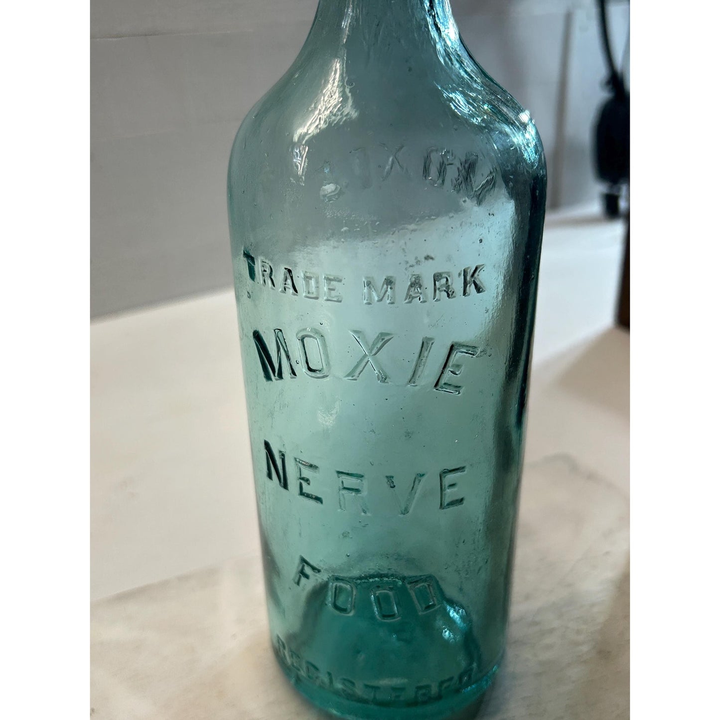 Moxie Nerve Food Aqua Glass Patent Medicine Bottle, Embossed Brockway Glass Collectible Decor