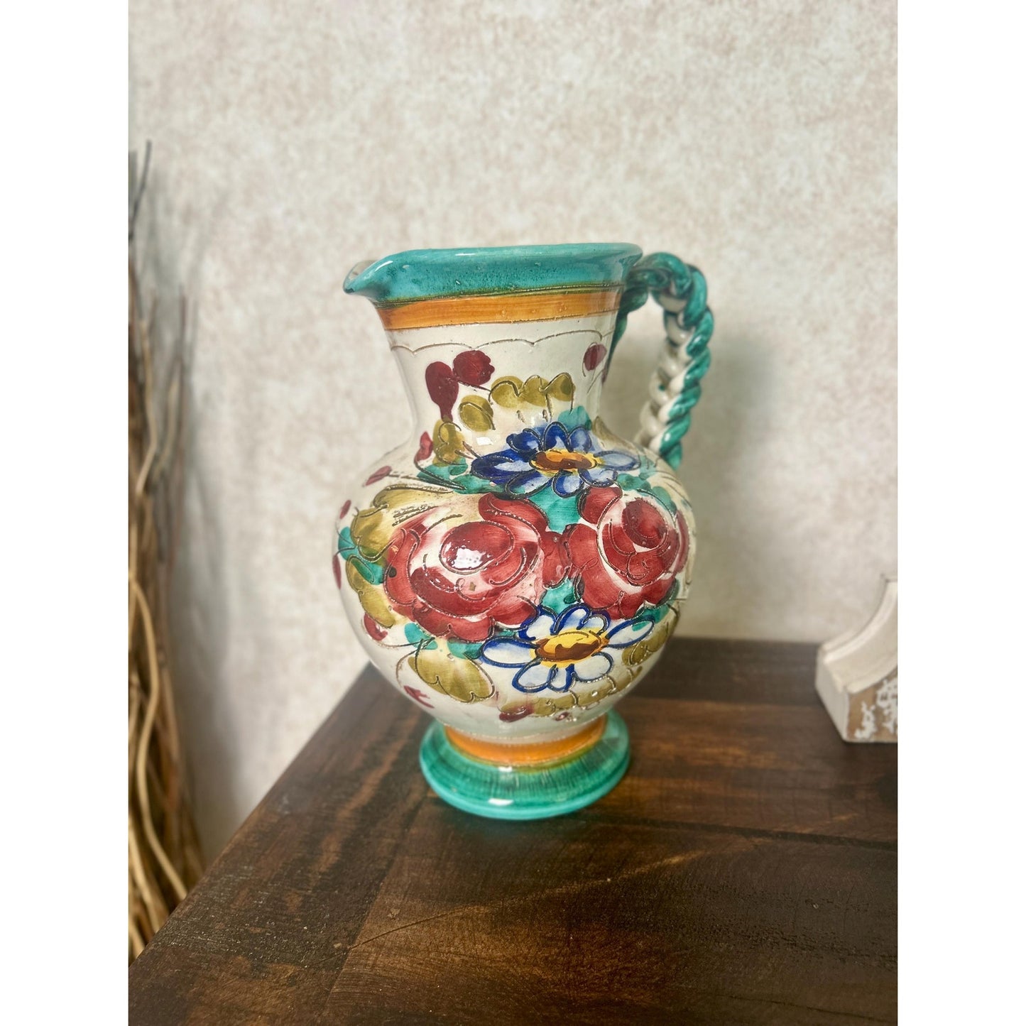 Vintage Hand Painted Spanish Talavera Style Faience Pitcher Twisted Handle Floral Pottery Jug