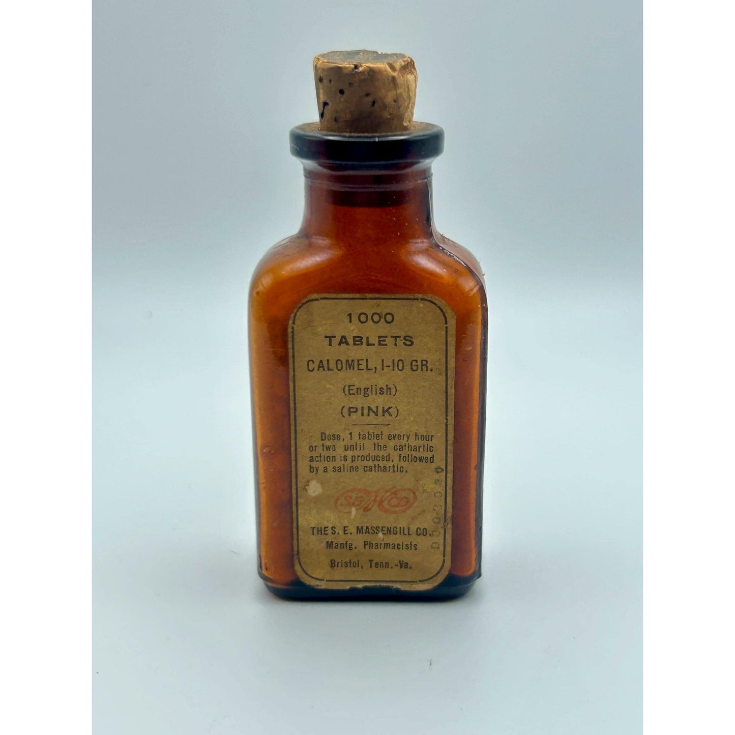 Antique Apothecary Calomel Tablets Bottle S.E. Massengill Bristol TN VA Pharmacy Amber Medicine Jar w Cork Seal 1000 Tablets Medical Quack