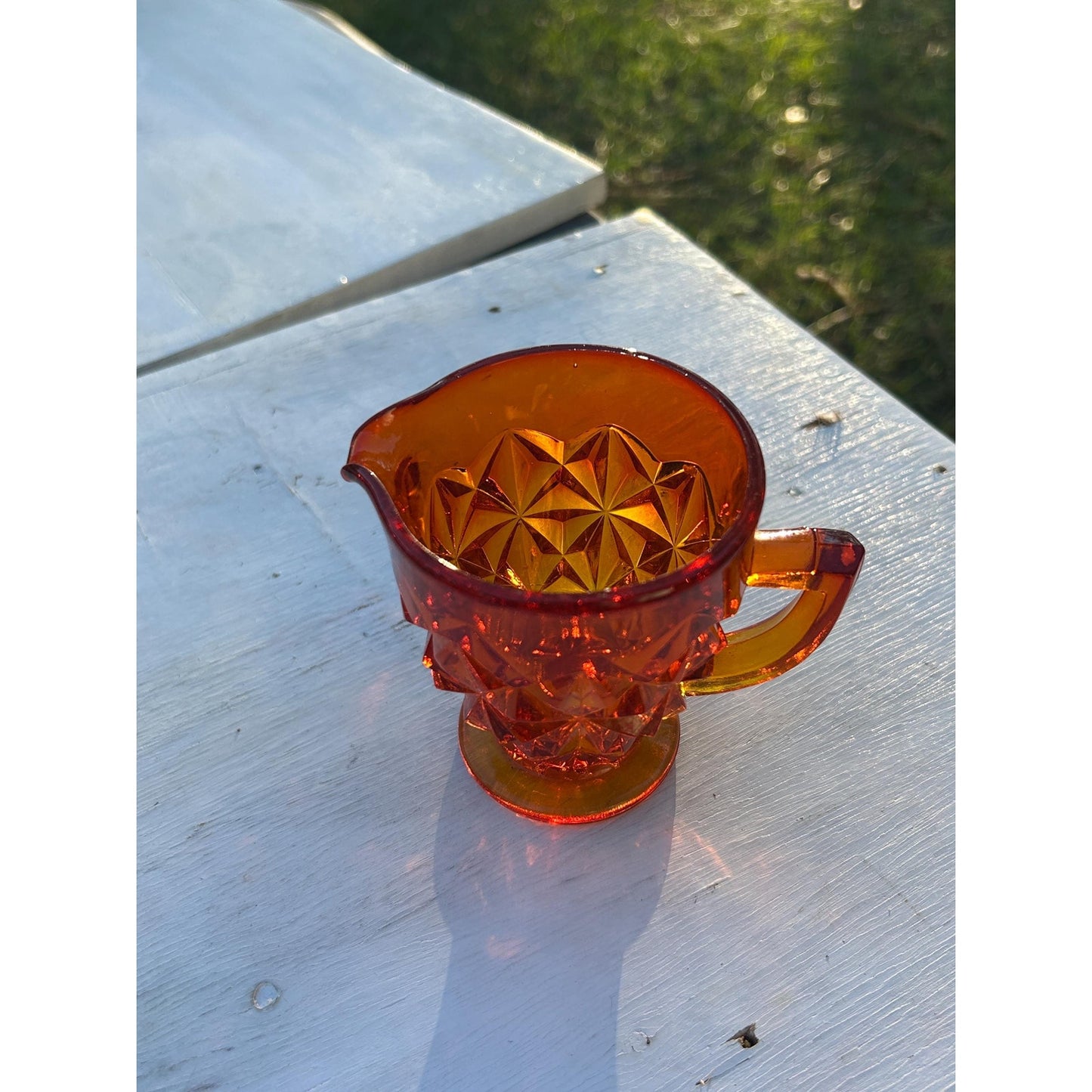 Selenium Diamond Point Glass Creamer | Glows Under UV | Vintage Red Orange Mini Pitcher | Mid Century Art Glass | Uranium Reactive. Amberina