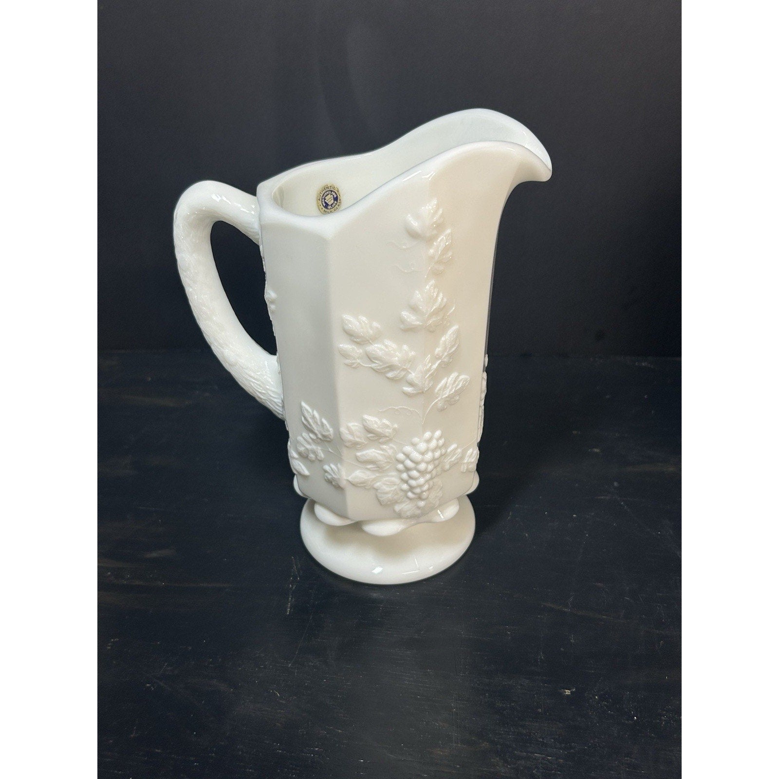Vintage 1950s Westmoreland Paneled Milk Glass Pitcher Embossed Grapes Vine