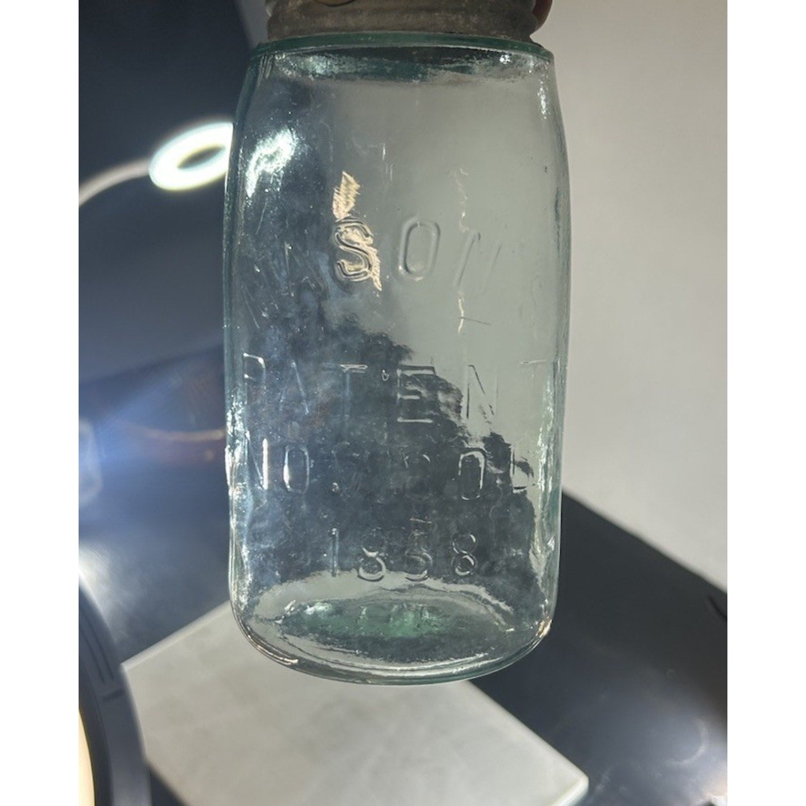 Antique 1858 Mason jar quart light blue embossed patent date