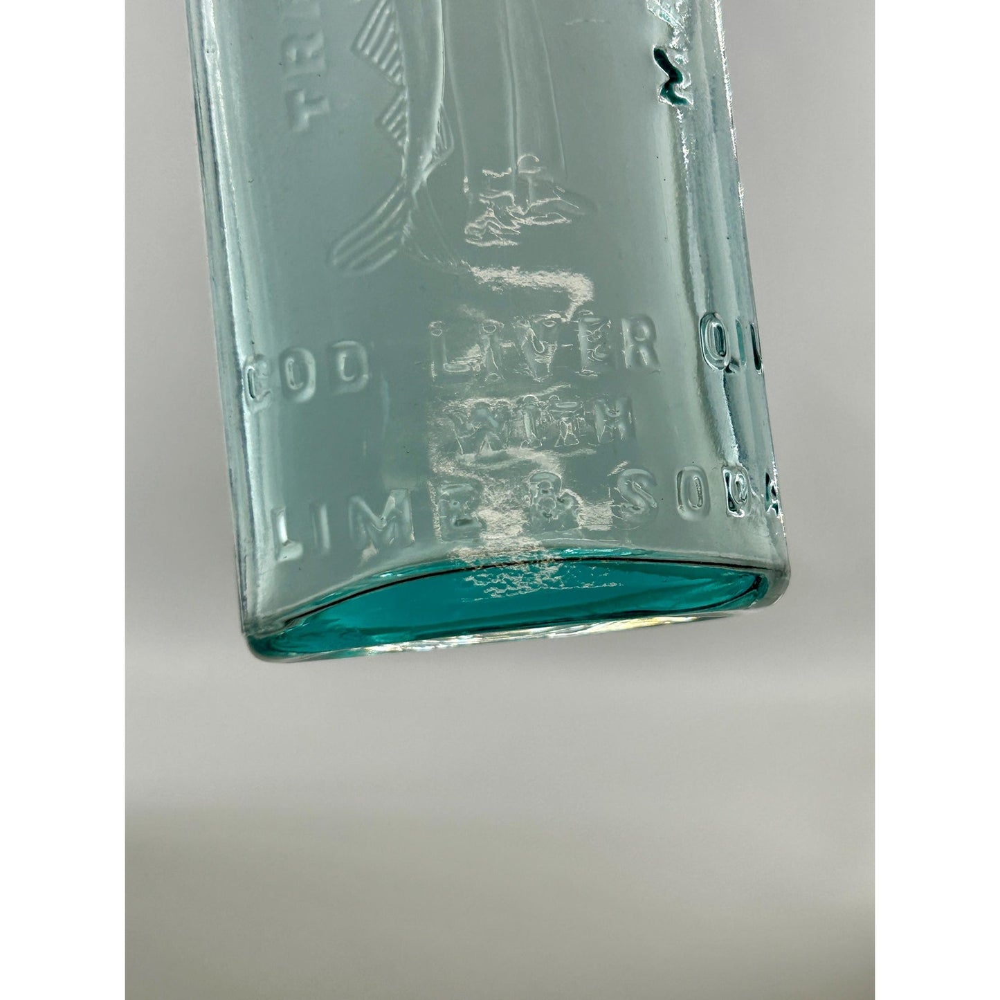 Antique Scott’s Emulsion Aqua Blue Cod Liver Oil With Lime & Soda Bottle Embossed Fisherman Patent Medicine