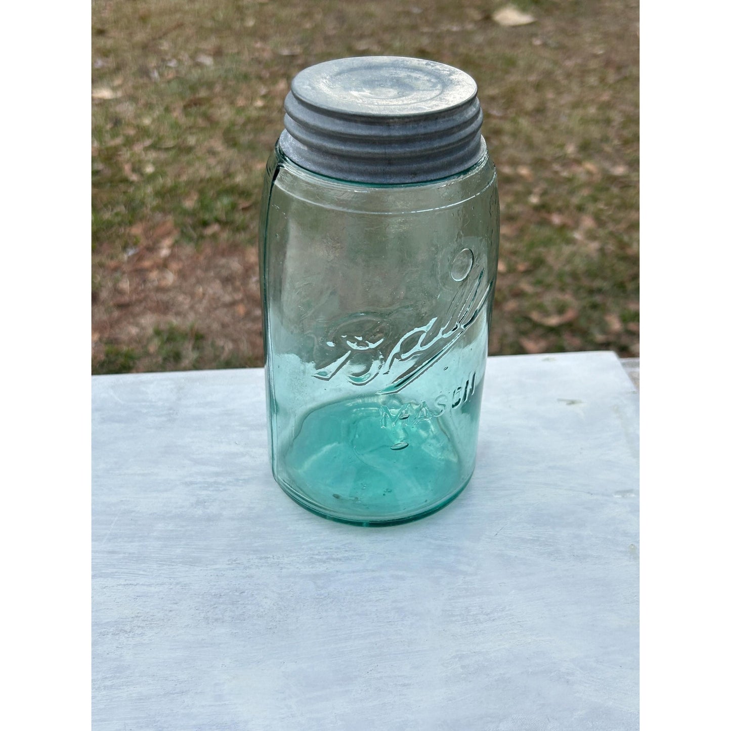 Vintage Ball Triple L Mason Jar Aqua Blue Quart Seed Bubbles Zinc Lid