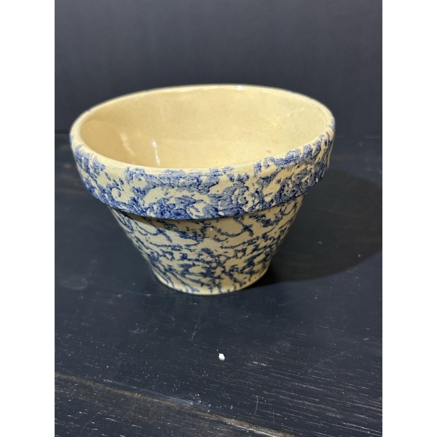Roseville Ohio Spongeware Bowl — Blue Spatterware — Vintage Serving / Mixing Bowl — Farmhouse Pottery