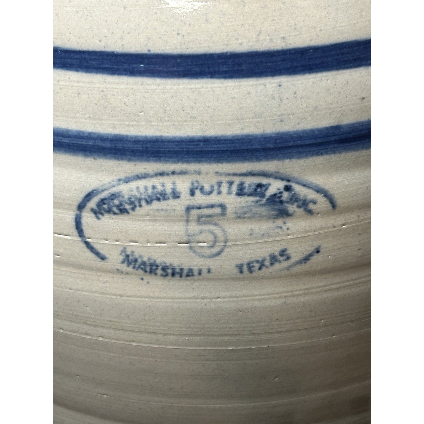 Marshall Pottery 5 Gallon Stoneware Crock w/ Lid Blue Stripe Texas Primitive