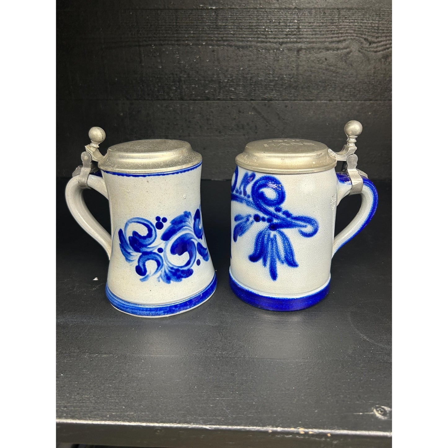 Vintage Westerwald German Stein Pair .5L • Salt Glazed Cobalt Stoneware • LFZ Handarbeit • Pewter Lids • Engraved “Hans” • Collector Grade