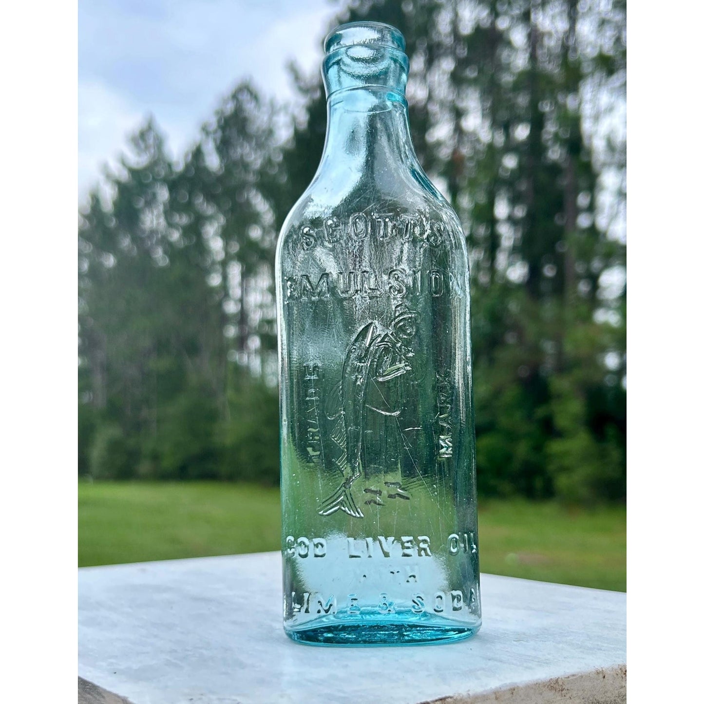 Antique Scott’s Emulsion Aqua Blue Cod Liver Oil With Lime & Soda Bottle Embossed Fisherman Patent Medicine