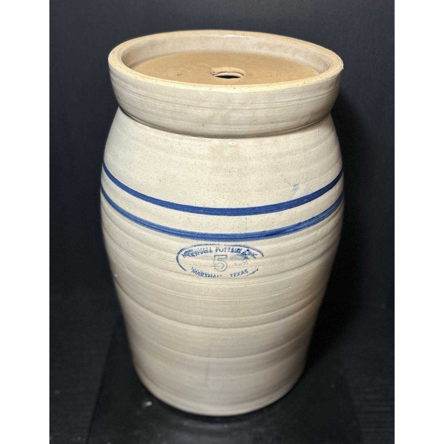 Marshall Pottery 5 Gallon Stoneware Crock w/ Lid Blue Stripe Texas Primitive