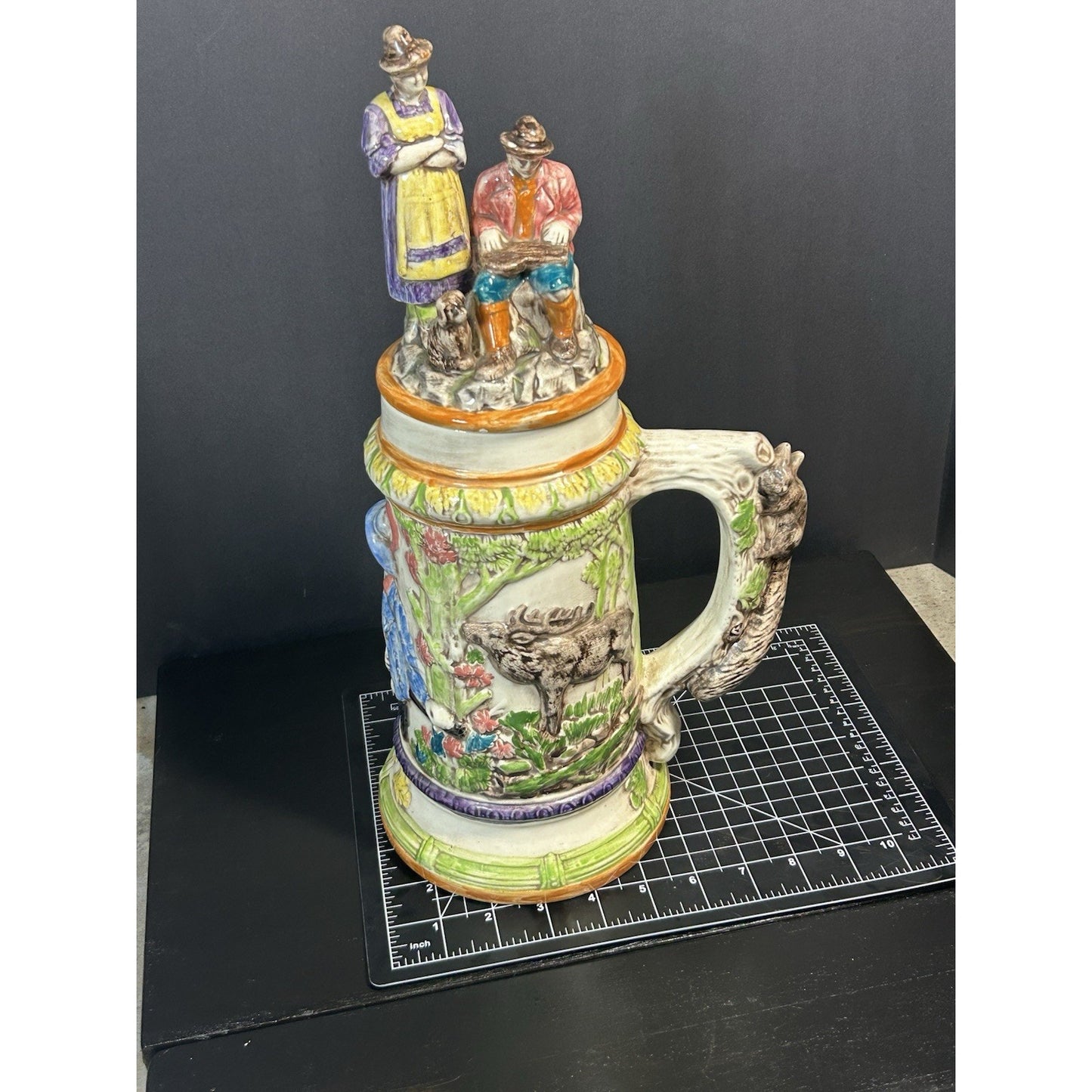 VINTAGE LARGE HANDMADE HAND PAINTED HUNTING GERMAN 1974 BEER STEIN MUG WITH LID
