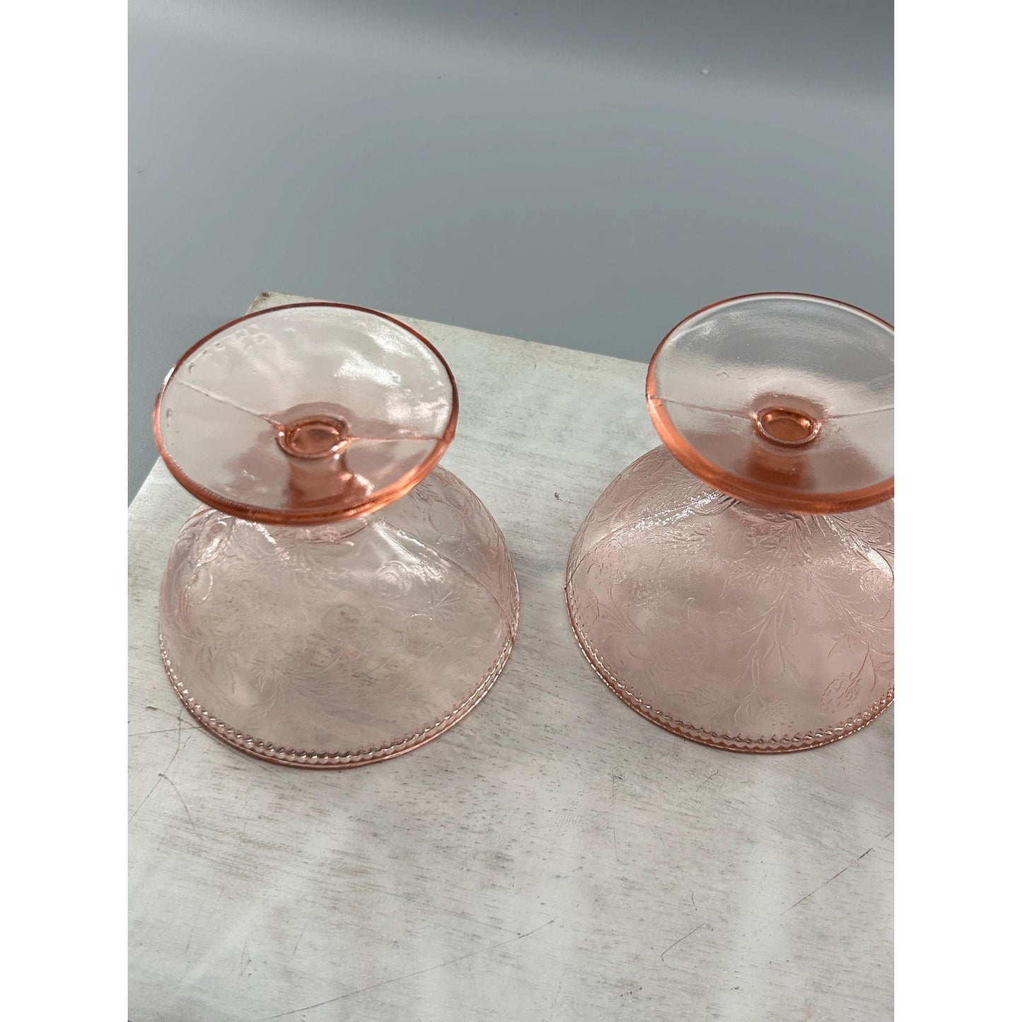 Pink Depression Glass Sherbet Dessert Cups • Vintage 1930s Footed Bowls • Set of 3 • Etched Floral Stemware • Cottage Farmhouse Tableware