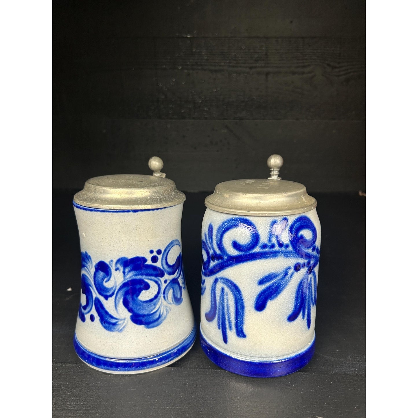 Vintage Westerwald German Stein Pair .5L • Salt Glazed Cobalt Stoneware • LFZ Handarbeit • Pewter Lids • Engraved “Hans” • Collector Grade