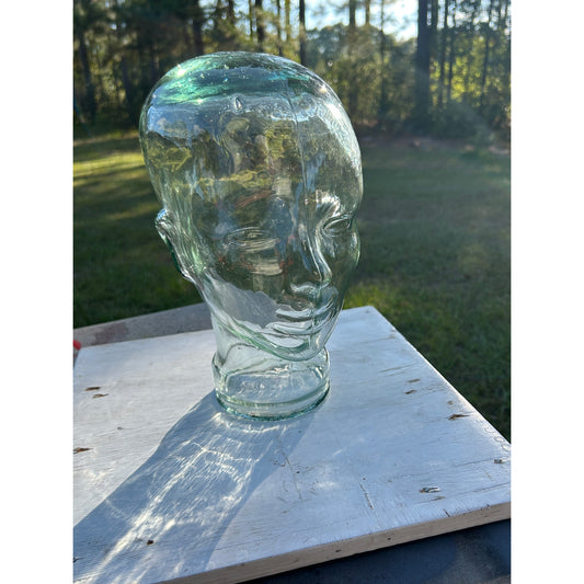 Vintage Glass Mannequin Head Clear with Green Tint & Bubbles Store Display 11.5”