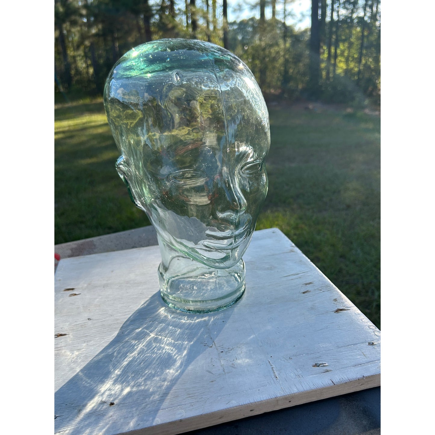 Vintage Glass Mannequin Head Clear with Green Tint & Bubbles Store Display 11.5”