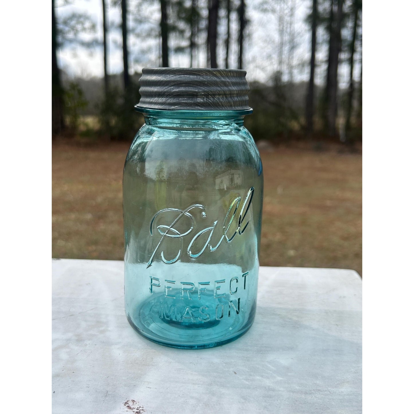 Antique Ball Perfect Mason Jar #13 Mold Aqua Quart w Original Zinc Lid 1920s