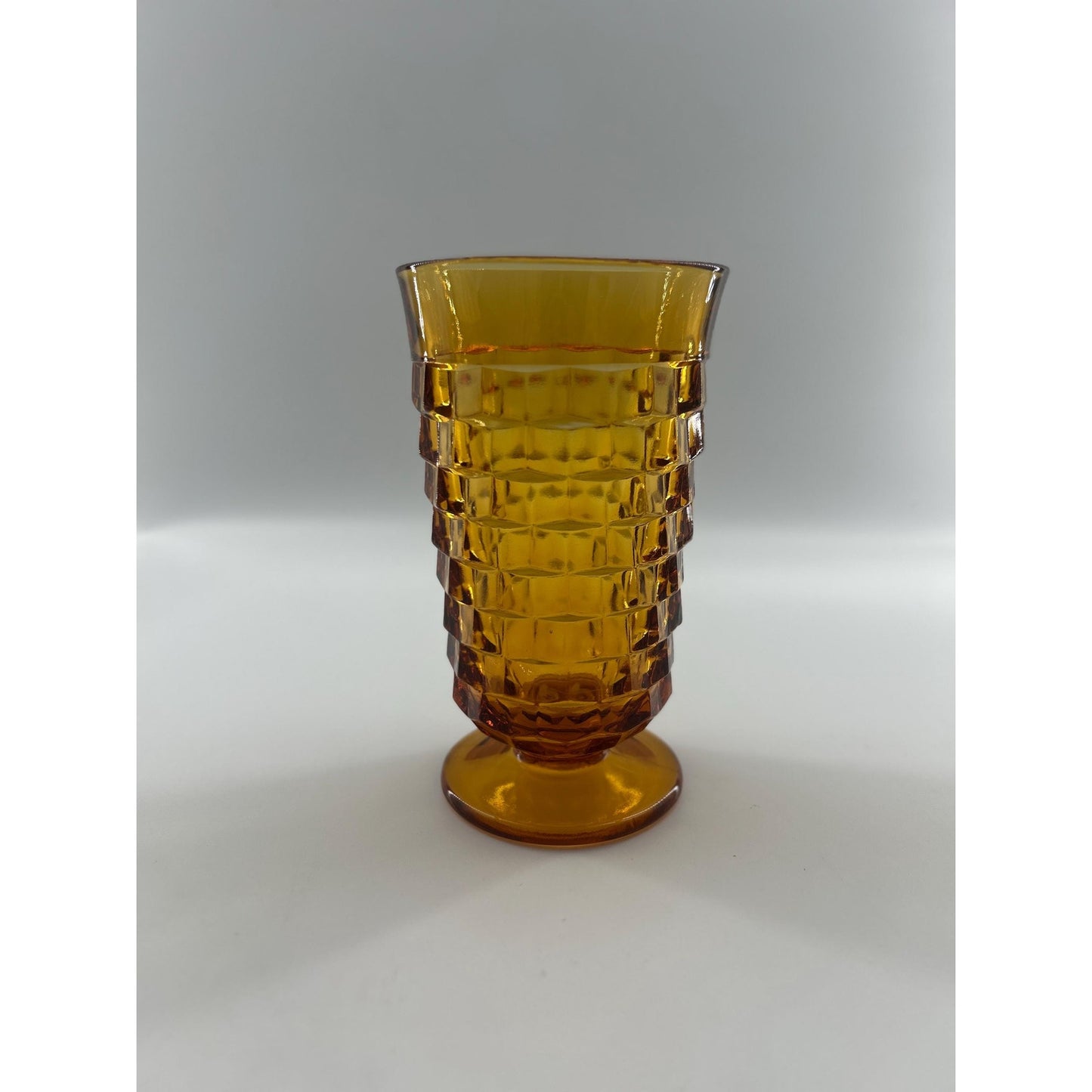 Mid Century Modern Amber Glass Vase | Tall Footed Diamond Pattern Vase | MCM Golden Yellow Art Glass Decor
