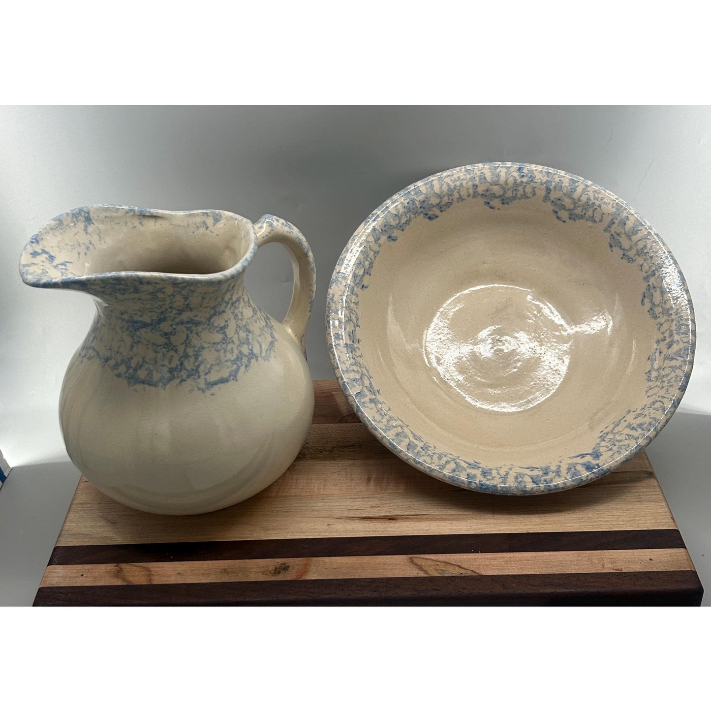Robinson Ransbottom Blue Spongeware Pitcher and Bowl Set, RRP Pottery Stoneware Basin, Primitive Farmhouse Kitchen Decor, Rare