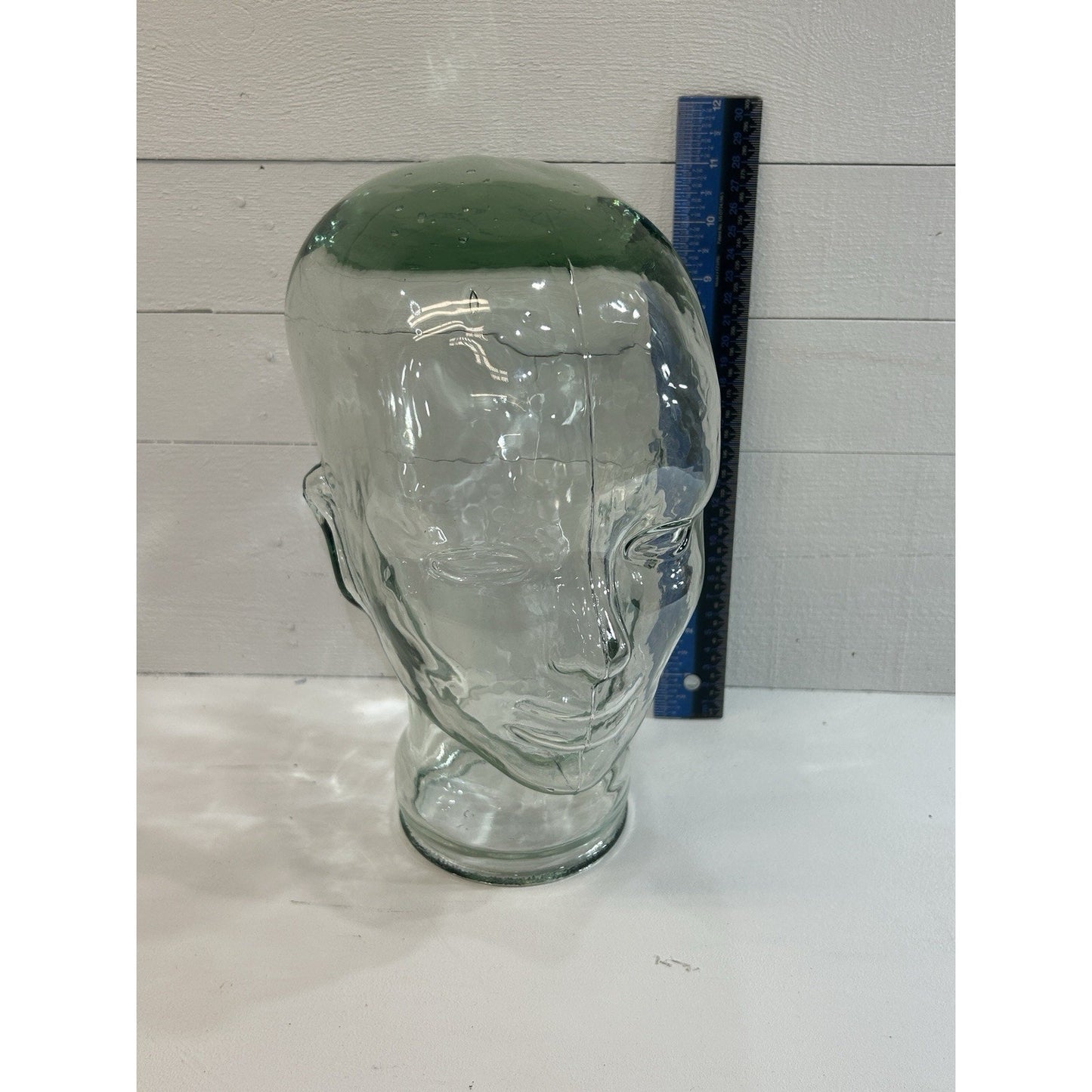Vintage Glass Mannequin Head Clear with Green Tint & Bubbles Store Display 11.5”