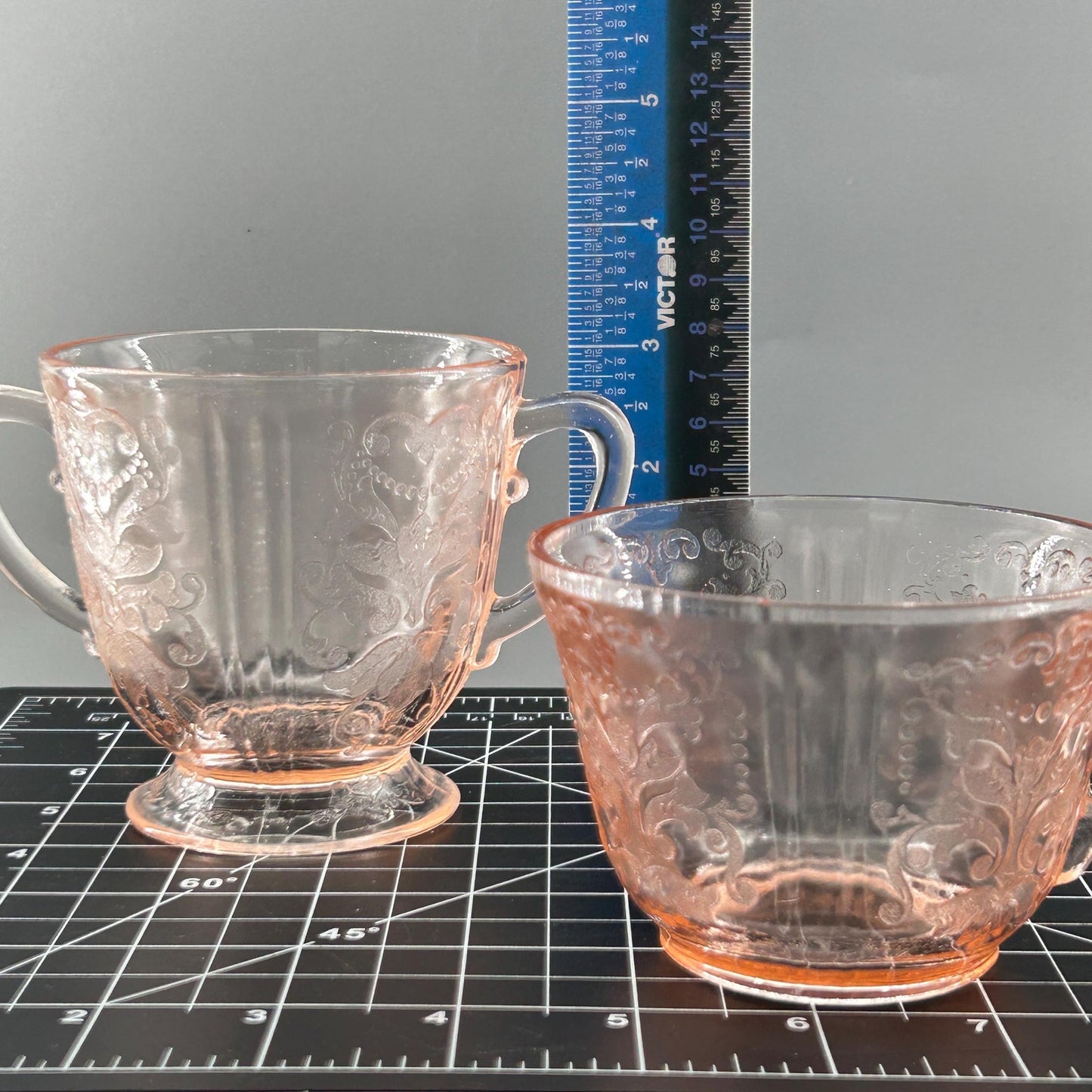 Federal Glass Madrid Pink Depression Glass Sugar & Creamer Set | 1930s Vintage Etched Tableware