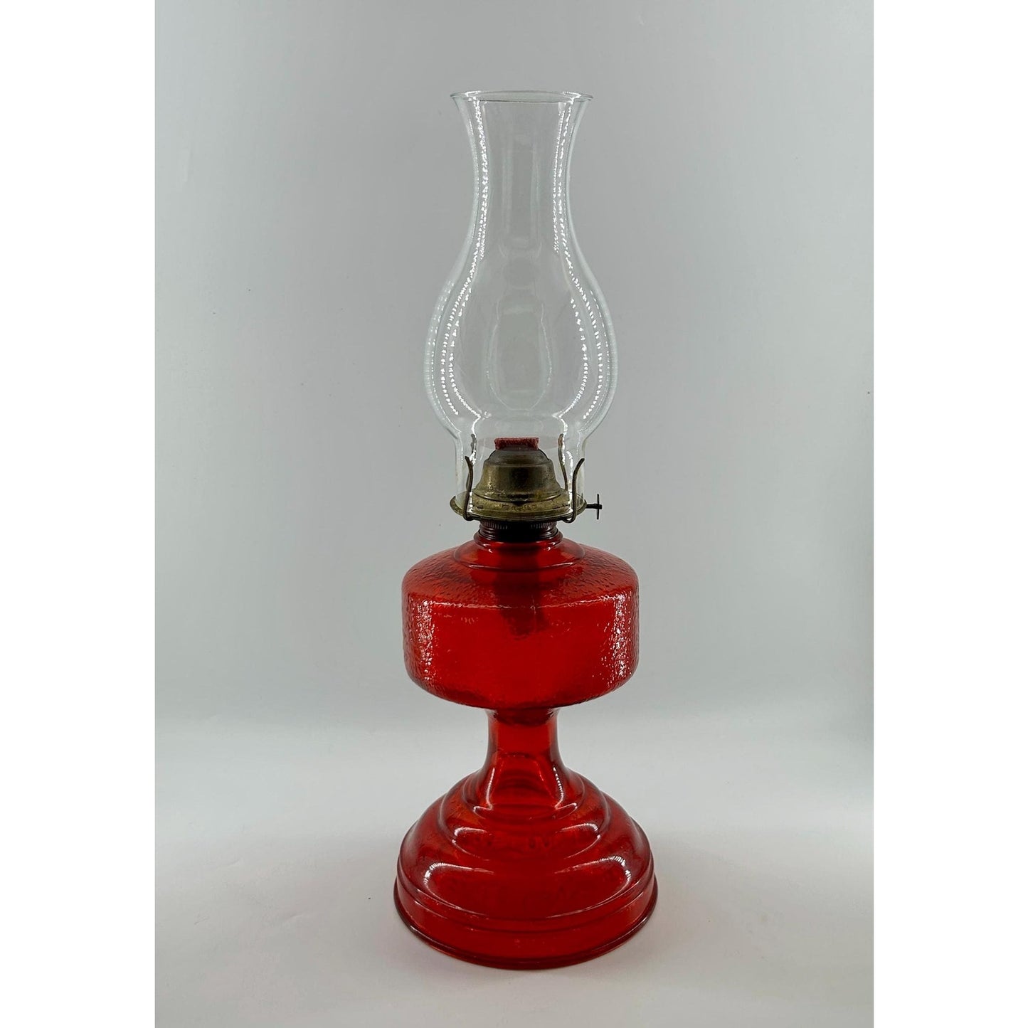 Antique Ruby Red Glass Oil Lamp 22” Tall – Figural Heron Marsh Scene Pedestal – Victorian Kerosene Parlor Lamp – Cranberry Pressed Glass