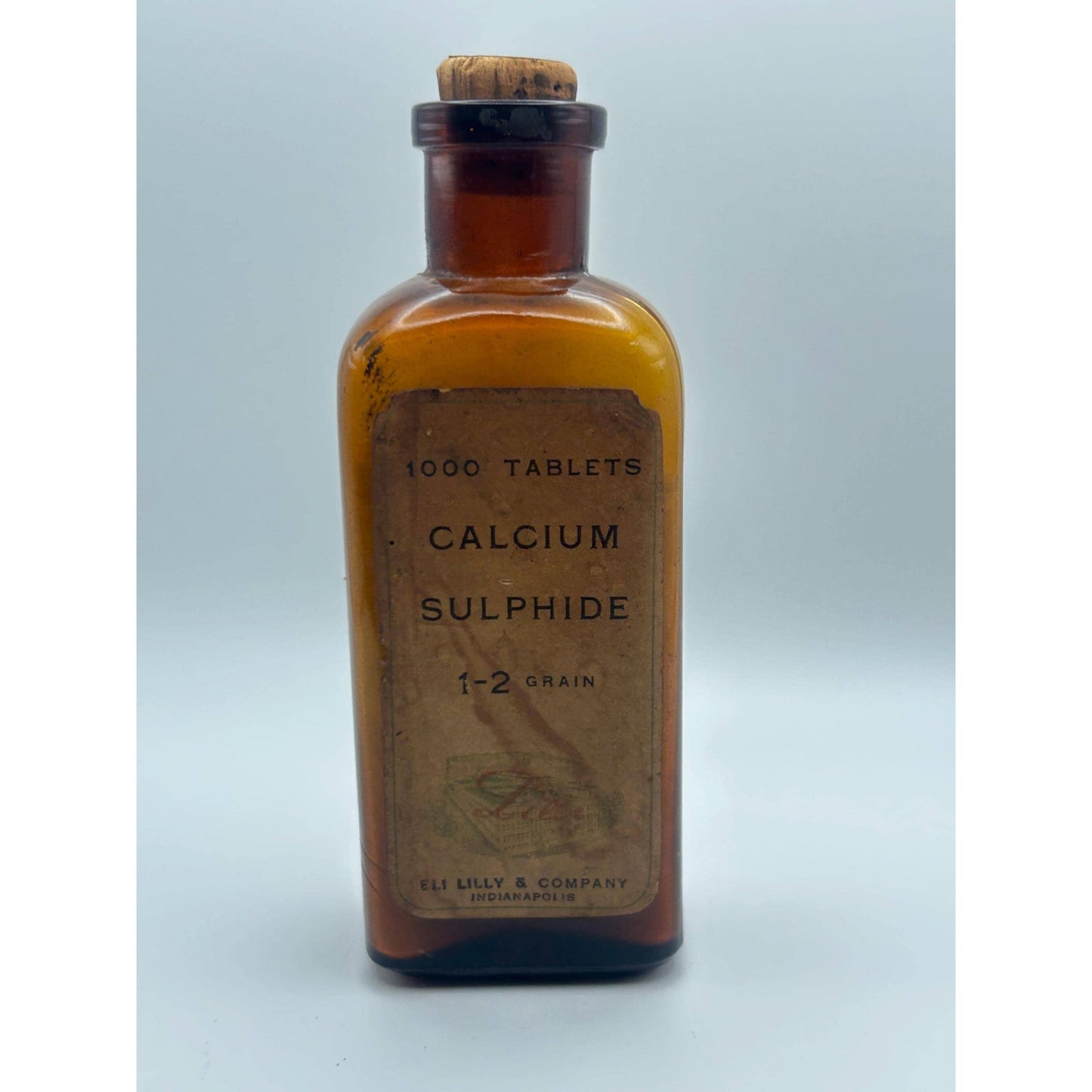 Antique Eli Lilly Calcium Sulphide Tablet Bottle w/ Original Contents & Cork