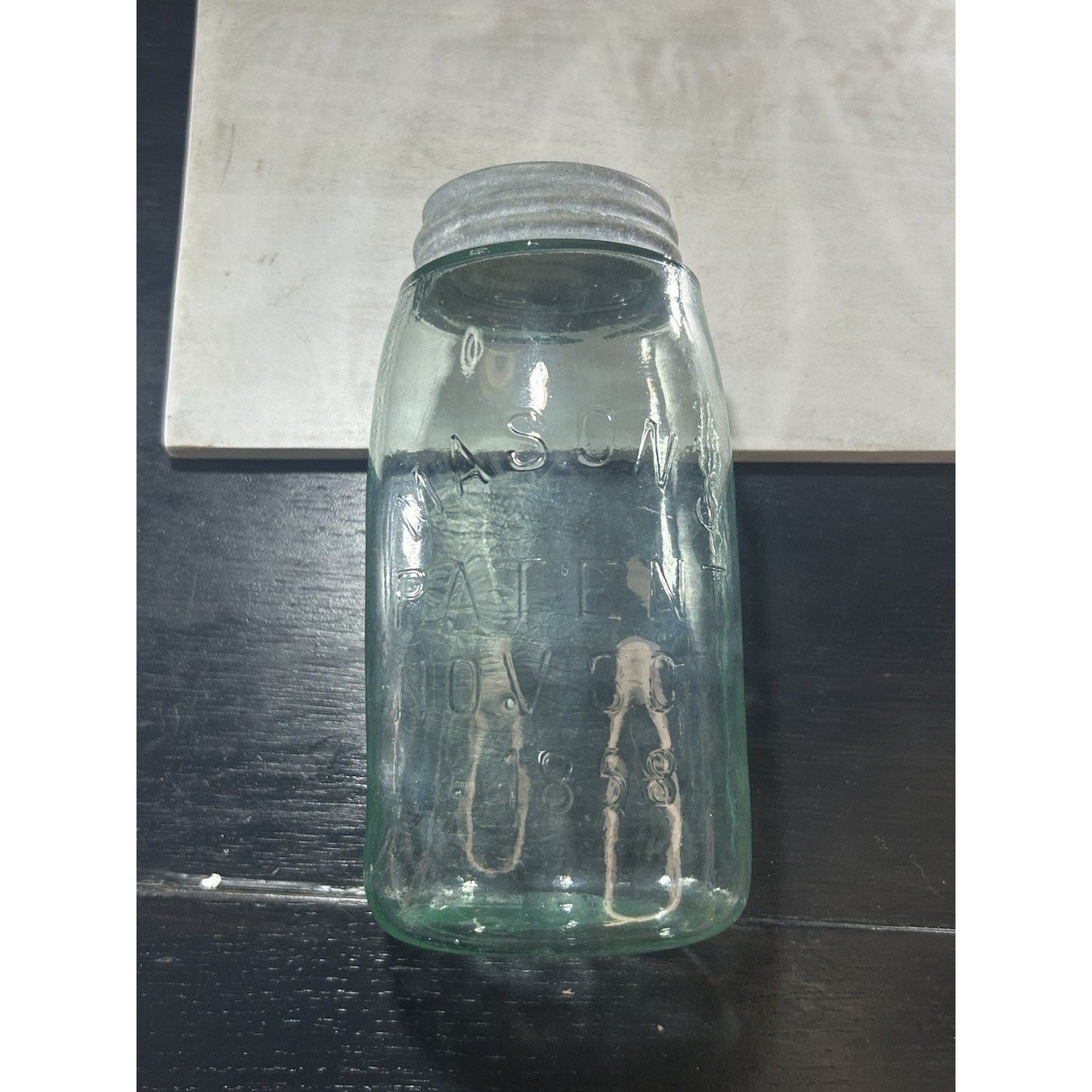 Antique Mason Nov 30 1858 jar full display — light blue aqua glass, farmhouse or collector display piece
