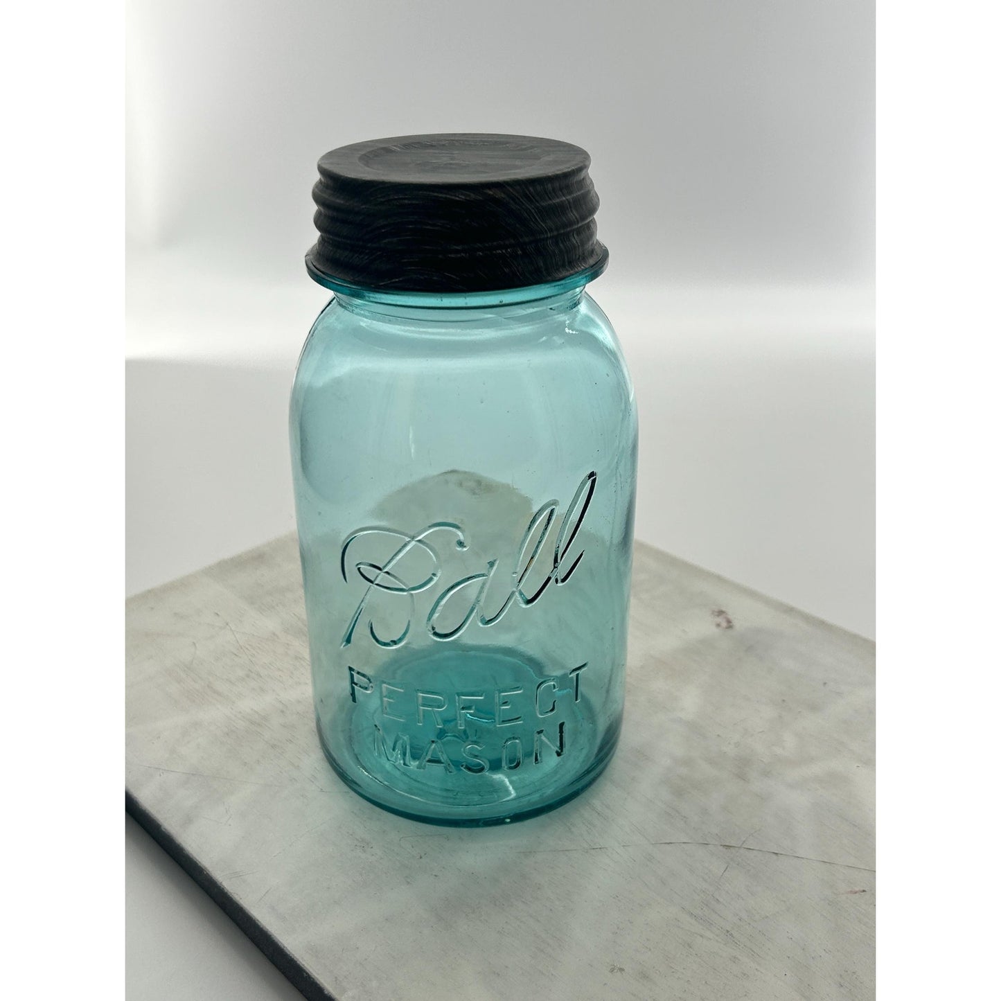 Antique Ball Perfect Mason Jar #13 Mold Aqua Quart w Original Zinc Lid 1920s