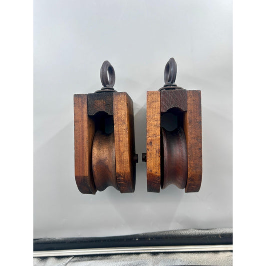 Antique Wooden Barn Pulley Block Pair Primitive Farm Hay Trolley Pulleys Rustic Industrial Farmhouse Decor Architectural Salvage