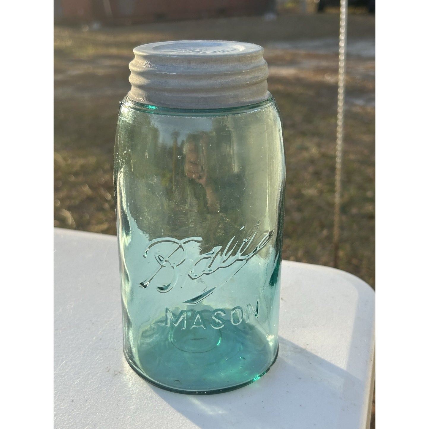 Ball Triple L 1900-1910 blue quart mason jar side view seam