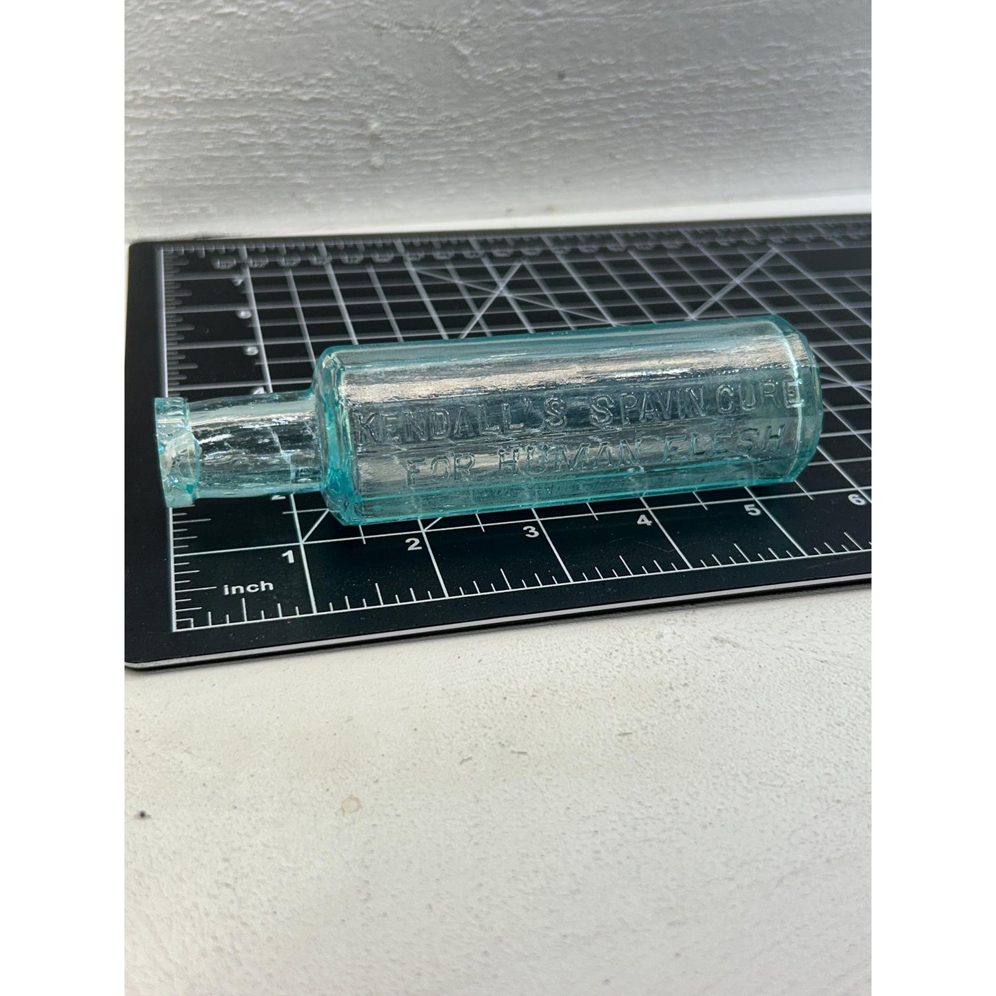 Antique Kendall’s Spavin Cure Bottle – Aqua Blue Glass, 1800s Patent Medicine, Embossed “For Human Flesh” – Rare Apothecary Remededy .