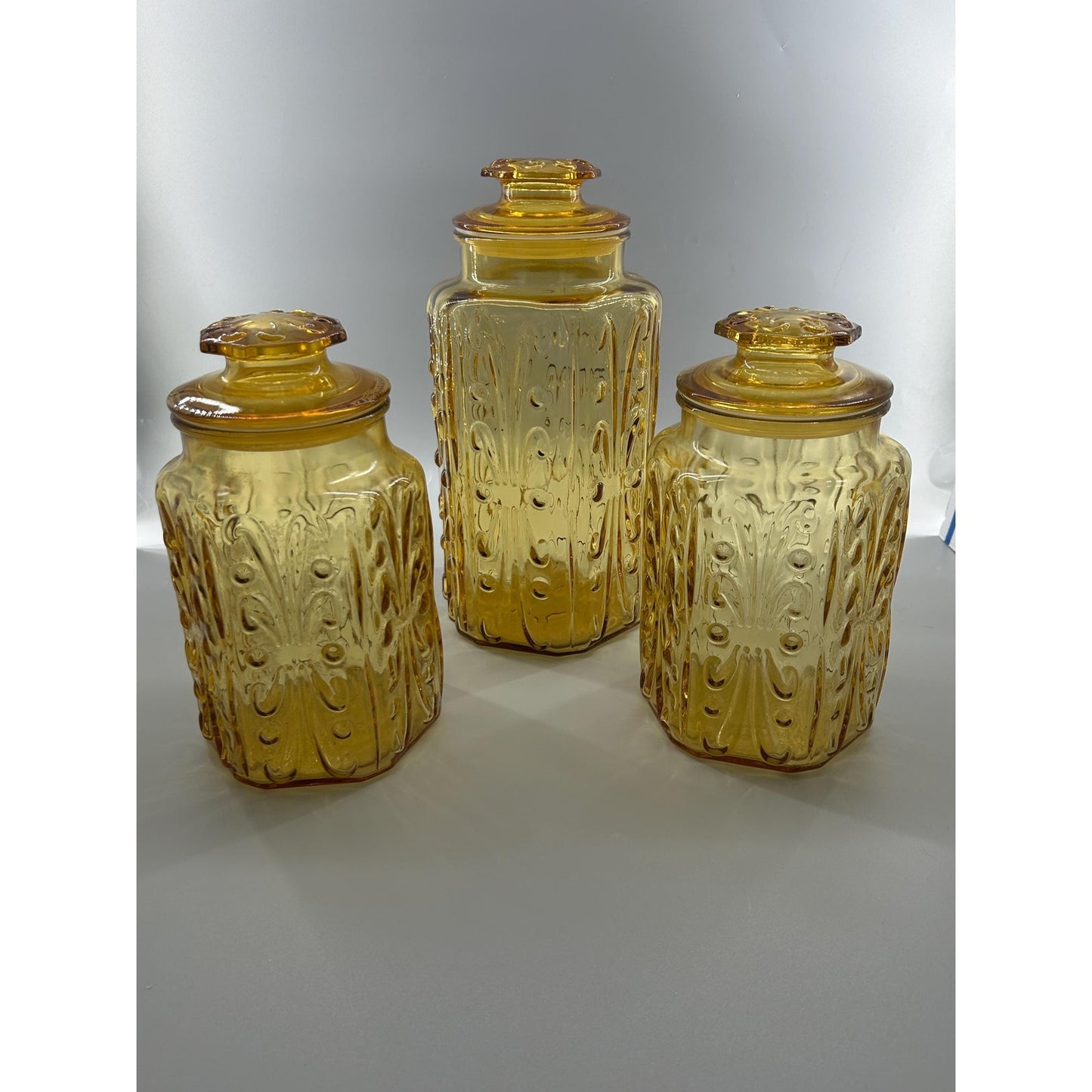 Indiana Honey Amber Glass Apothecary Jars Set of 3, Vintage MCM Kitchen Canisters, Retro Farmhouse Storage, Cookie Jar