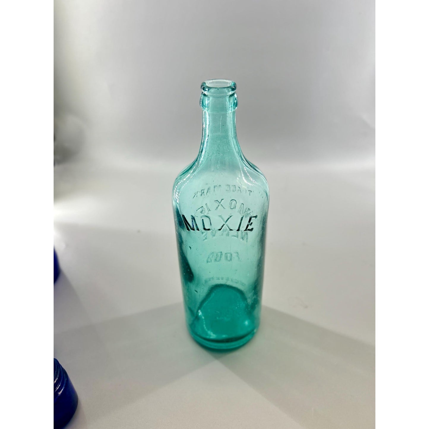 Antique Moxie Nerve Food Registered Bottle Aqua Glass Lowell MA Quack Medicine Soda Advertising Early 1900s Rare Display