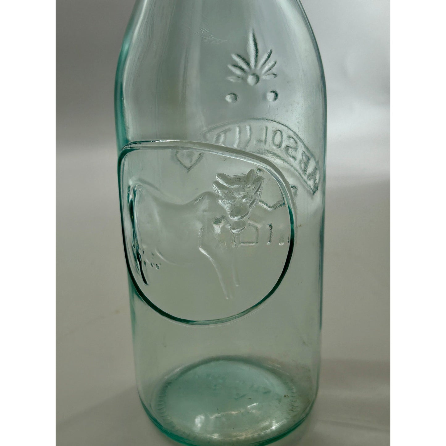 Vintage Italian Absolutely Pure Milk Bottle Embossed Cow Aqua Glass 1 Quart