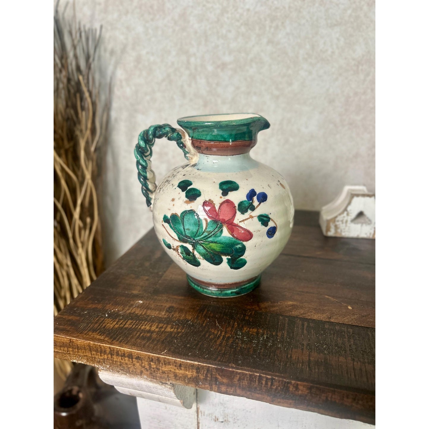 Vintage Hand Painted Spanish Majolica Talavera Style Faience Pitcher Twisted Handle Floral Jug