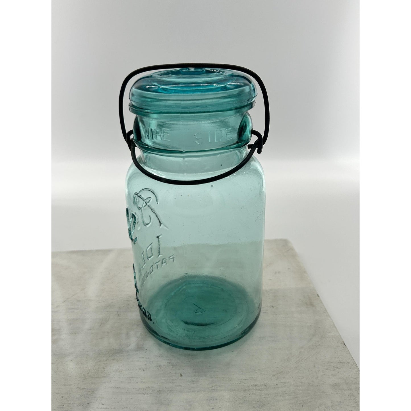 Antique Ball Ideal Aqua Blue Mason Jar Wire Bail Glass Lid Pat July 14 1908 Deep Embossed Fruit Jar Vintage Canning Jar Farmhouse Kitchen