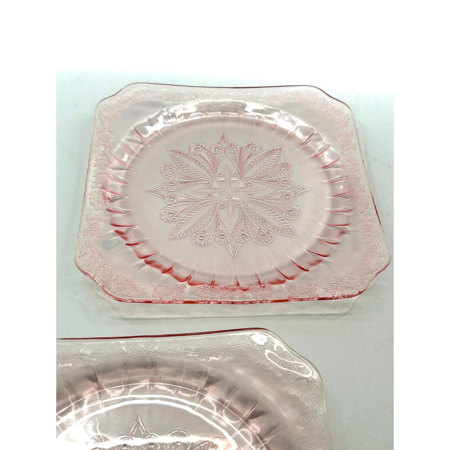 Vintage Pink Depression Glass Plates Set of 2 Etched Floral Square Luncheon Salad Plates Art Deco Glassware