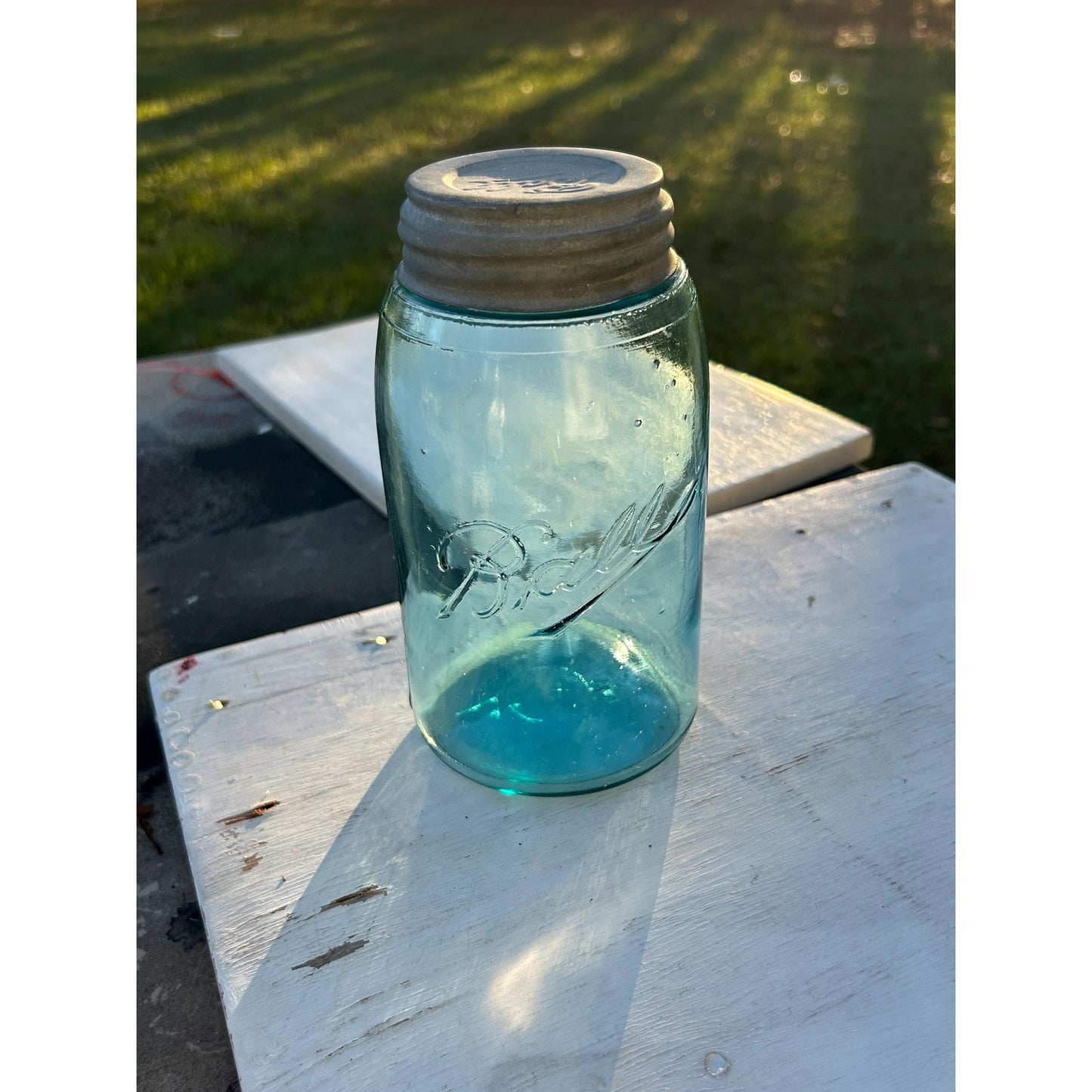 1900-1910 Ball Mason W "triple L Jar Quart Aqua Blue Glass W Lots Of Bubbles! | Mason_jar | Rare_jar | Blue_mason | Home_decor | Zinc