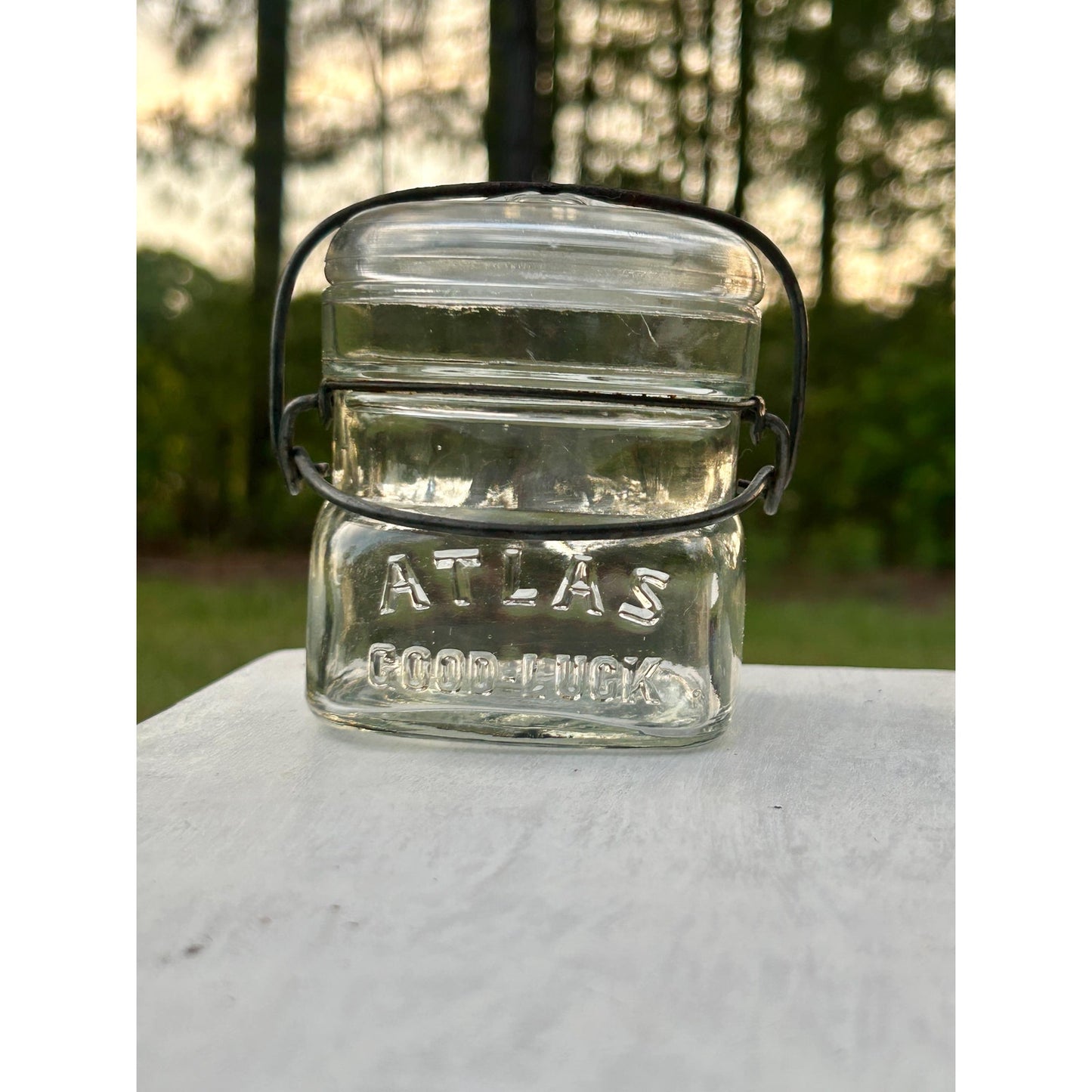Atlas Good Luck Clover Half Pint Mason Jar Original Wire Bail Glass Lid Antique Hazel Atlas 1920s
