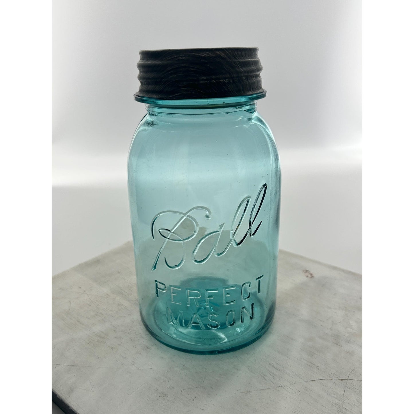 Antique Ball Perfect Mason Jar #13 Mold Aqua Quart w Original Zinc Lid 1920s