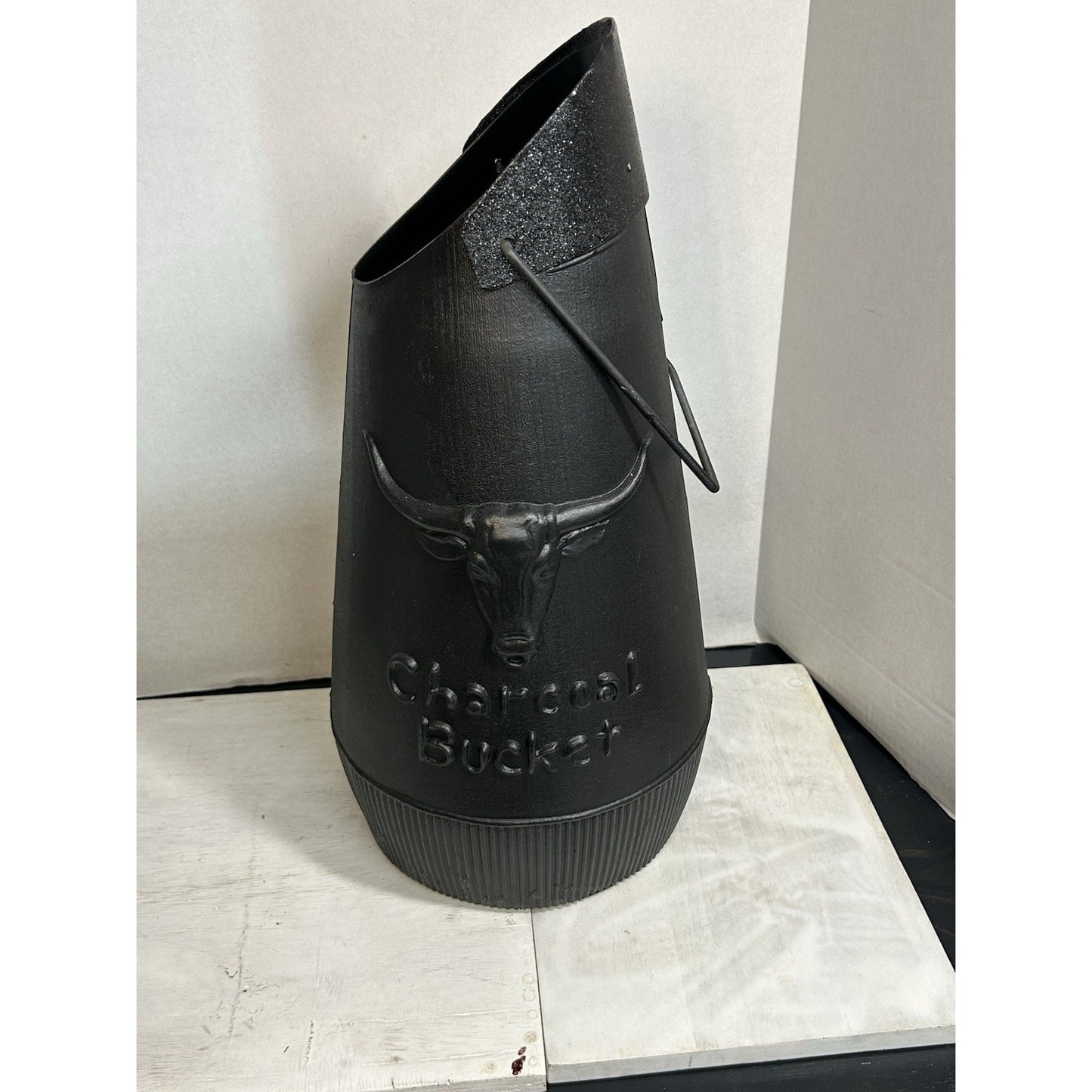 Vintage MCM Longhorn Steer Charcoal Bucket — Black Plastic — Cleaned & Refreshed — Western Decor