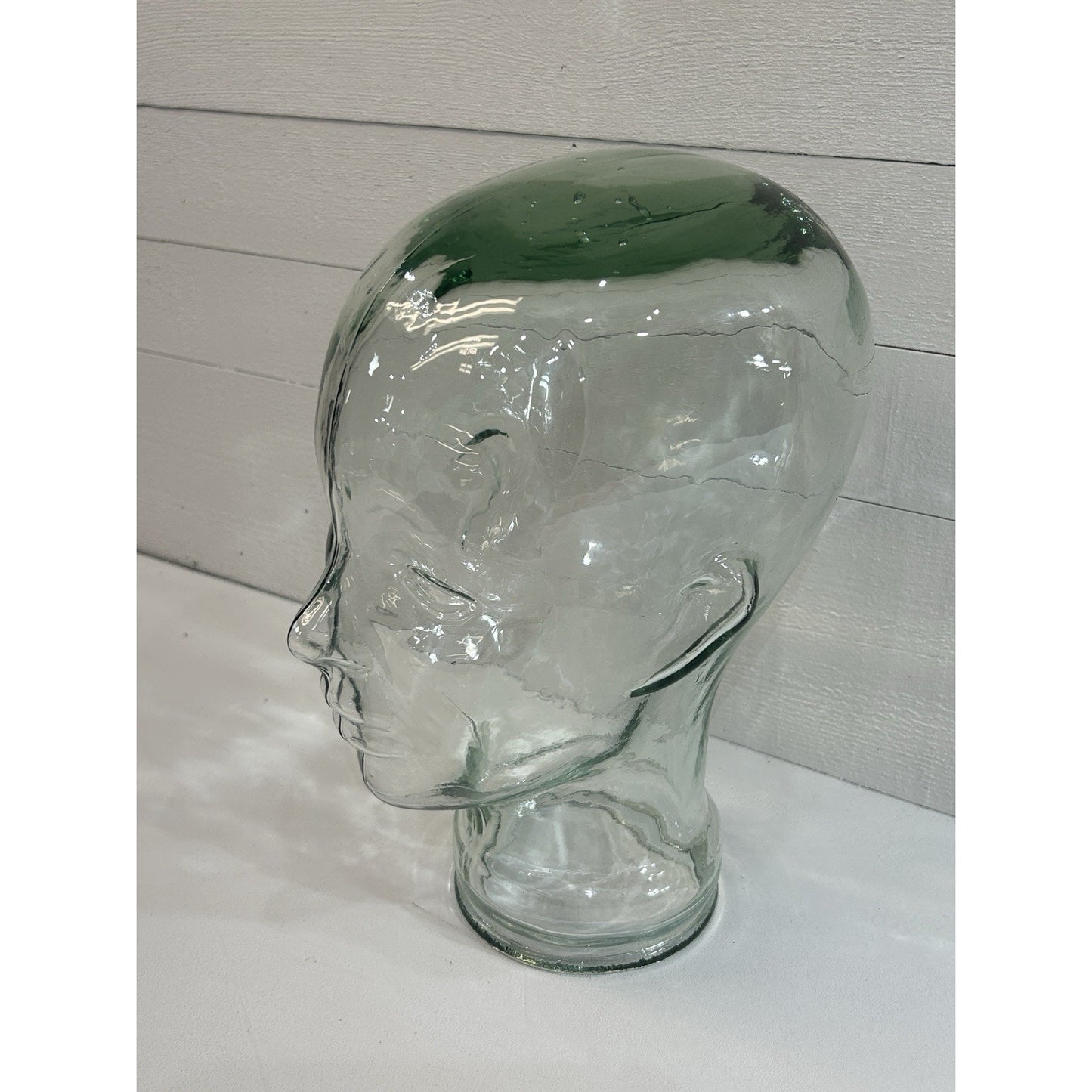 Vintage Glass Mannequin Head Clear with Green Tint & Bubbles Store Display 11.5”