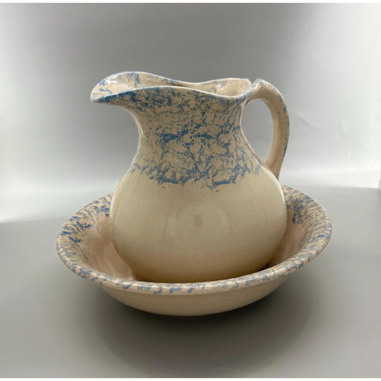 Robinson Ransbottom Blue Spongeware Pitcher and Bowl Set, RRP Pottery Stoneware Basin, Primitive Farmhouse Kitchen Decor, Rare