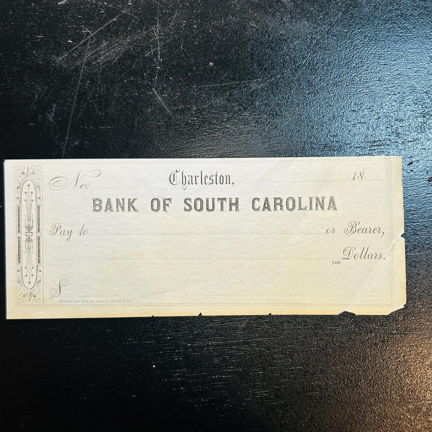 Antique Bank of South Carolina Check Charleston SC | 1800s Blank Bank Note Form | Southern Ephemera Paper Collectible. Very rare civil war!