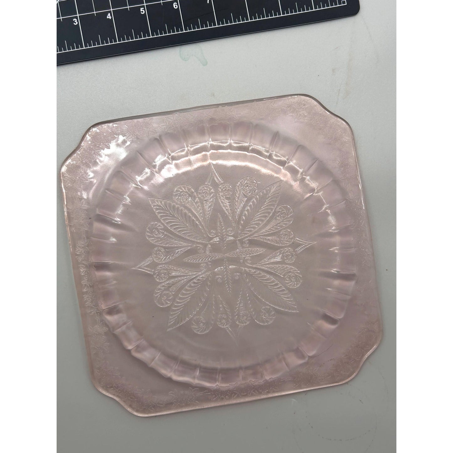 Vintage Pink Depression Glass Plates Set of 2 Etched Floral Square Luncheon Salad Plates Art Deco Glassware