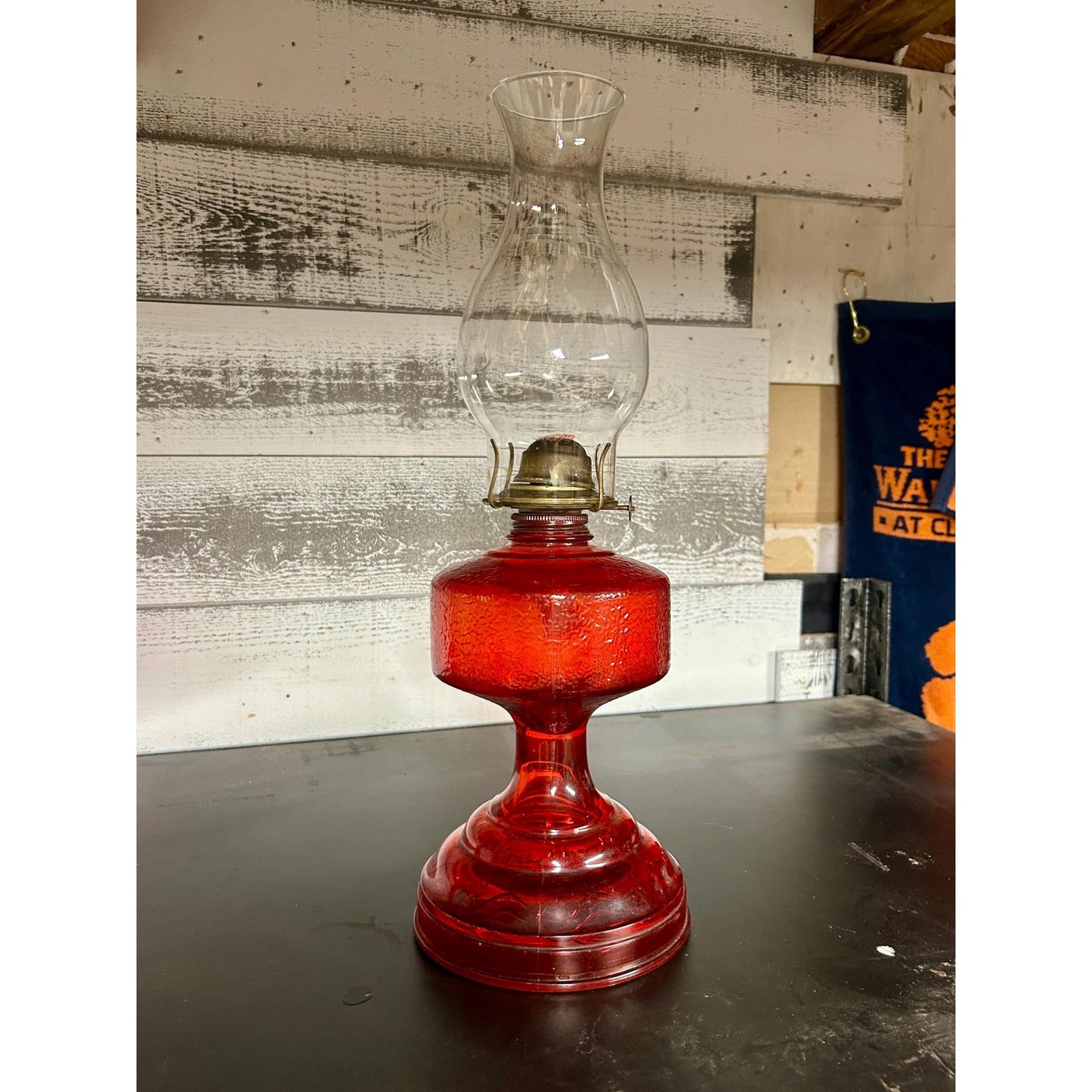 Antique Ruby Red Glass Oil Lamp 22” Tall – Figural Heron Marsh Scene Pedestal – Victorian Kerosene Parlor Lamp – Cranberry Pressed Glass